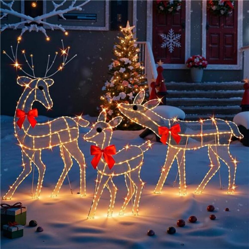[3-Piece Reindeer Christmas Decorations Outdoor] 2D Lighted Deer Family with‎